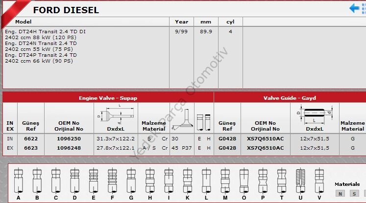 SİBOP TAKIMI 6622 6623 IN 8 EX 8 TRANSİT 2.4L V184