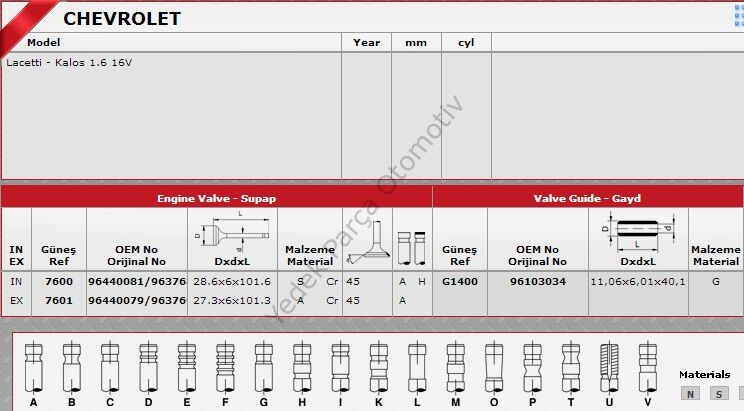 SİBOP TAKIMI 7600 7601 IN 8 EX 8 KALOS 1.4 LACETTI 1.6 16V