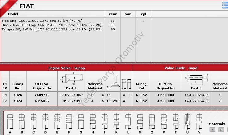 SİBOP TAKIMI 1326 1374 IN 4 EX 4 UNO TIPO 1.4 8V