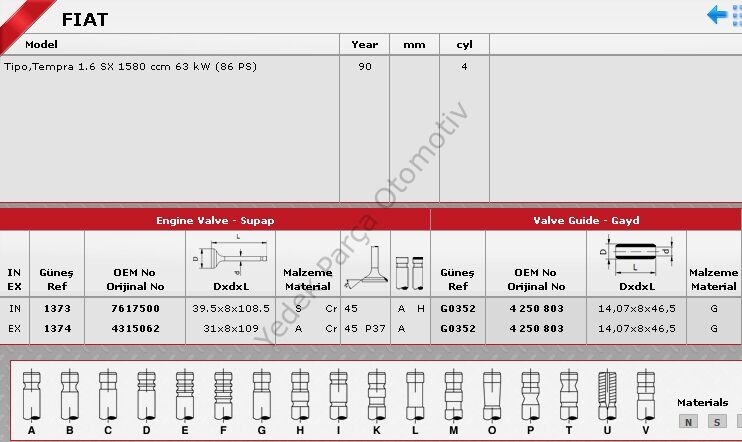 SİBOP TAKIMI 1373 1374 IN 4 EX 4 TEMPRA 1.6 SLX STD