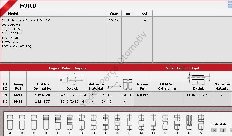 SİBOP TAKIMI 6634-6635 MONDEO-III 2.0 16V ZETEC (TEK TIRNAK) (5.5 MM) (8IN-8EX)