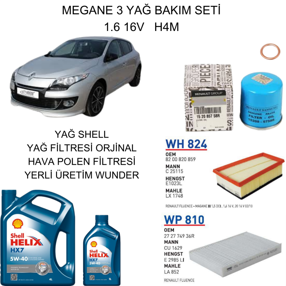 MEGANE 3 (III) 1.6 16V H4M YAĞ BAKIM SETİ