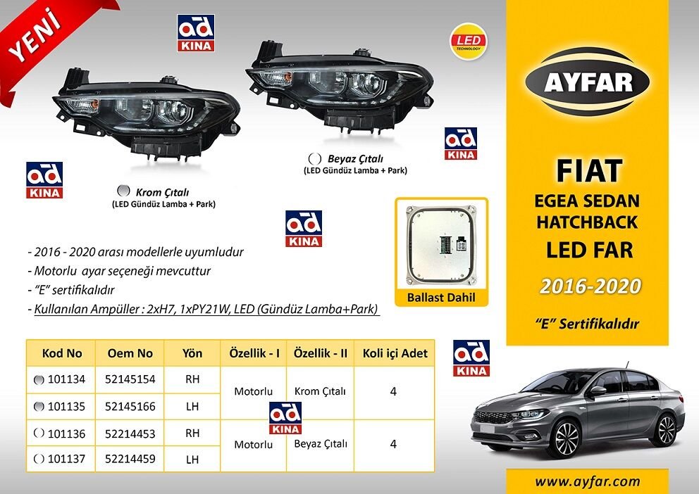 101135 ZENON BALASTLI FAR SOL EGEA (16-20 ) *KROM ÇITALI - LED DRL+PARK+MOTORLU