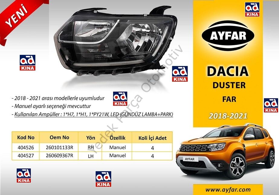 404526 FAR SAĞ DUSTER (2018-2021) (H7+H1 gündüz farı+park) *MOTORSUZ