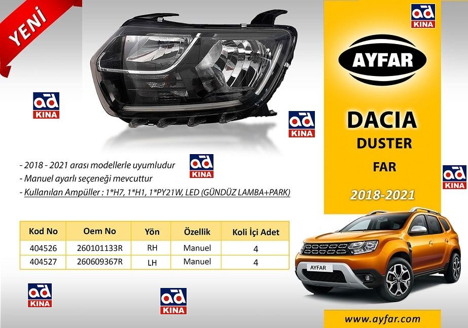 Duster 2 Sağ Far Lambası Motorsuz 2018 2020 260101133R  Ayfar