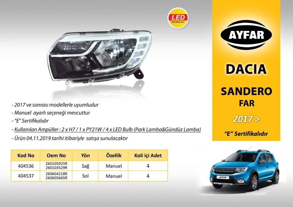 Logan 2 Sandero Ön Sağ Far 2017 Ledli Motorsuz 260105925R Ayfar