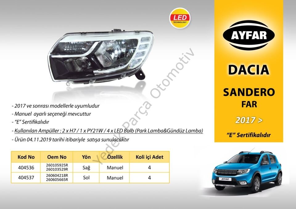 FAR SOL 404537 LOGAN MCV SANDERO (17->) (LEDLİ) MOTORSUZ