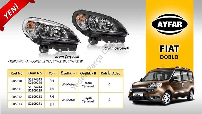 FAR SAĞ 505310 DOBLO (15->) MOTORLU KROM ÇERÇEVELİ