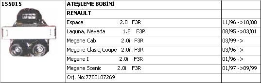 Megane 1 - Laguna 1  Ateşleme Bobini 2.0 8V F3R 1994 1998 7700107269 Ünüvar
