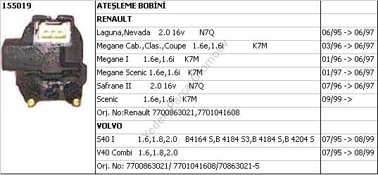 Laguna 1-I Safrane Ateşleme Bobini Beyaz Soket 2.0 16V N7Q 7700863021 Ünüvar