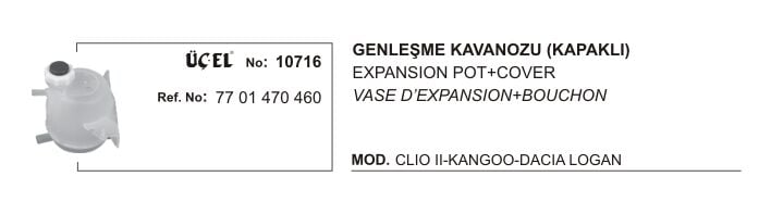 Clio 2 Kangoo 1 Logan 1 Radyatör Yedek Su Deposu Genleşme Kavanozu Kapaklı 7701470460 Üçel