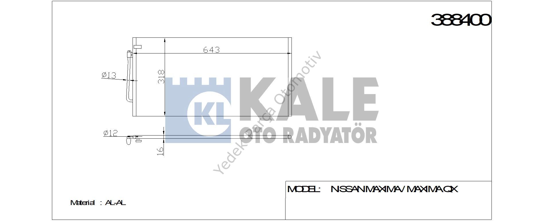 KLİMA RADYATÖRÜ 388400 MAXIMA MAXIMA QX 2.0I 95-> (712x368x16) (KURUTUCU İLE)
