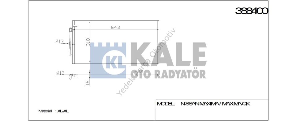 KLİMA RADYATÖRÜ 388400 MAXIMA MAXIMA QX 2.0I 95-> (712x368x16) (KURUTUCU İLE)