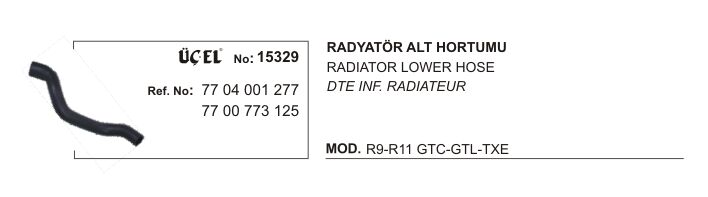 R9 R11 GTC GTL TXE Radyatör Alt Hortumu 7704001277 7700773125 Üçel