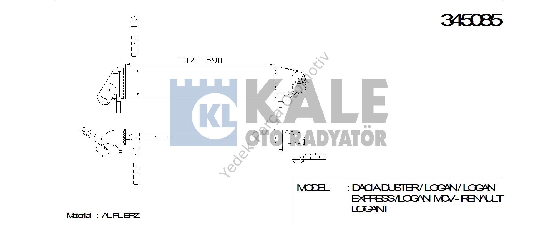 TURBO RADYATÖRÜ 345085 DUSTER (09-) LOGAN MCV 1.5DCI (K9K) SANDERO
