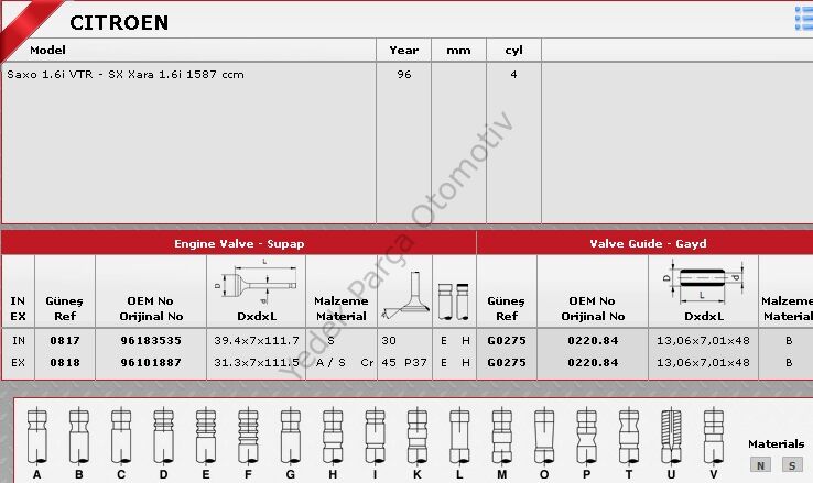 SİBOP TAKIMI 0817 0818 IN 4 EX 4 XSARA 1.6İ 8V TU5JP (IN:4/EX:4)