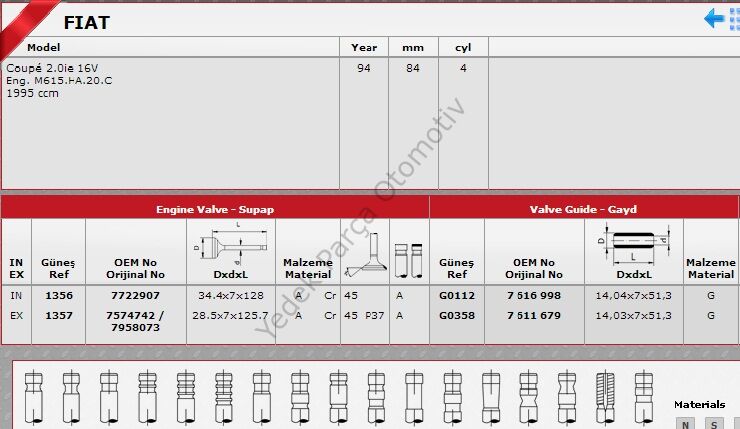 SİBOP TAKIMI 1356 1357 IN 8 EX 8 TEMPRA TIPO 2.0-16V