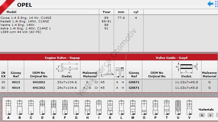 SİBOP TAKIMI 4013 4014 IN 4 EX 4 ASTRA 1.4İ VECTRA 1.4 KADET 1.4İ 8V