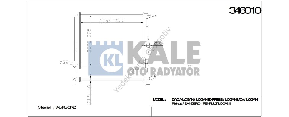 RADYATÖR 346010 LOGAN 1 SANDER O-II 1.2 1.4 1.6 08-> (BRAZING)
