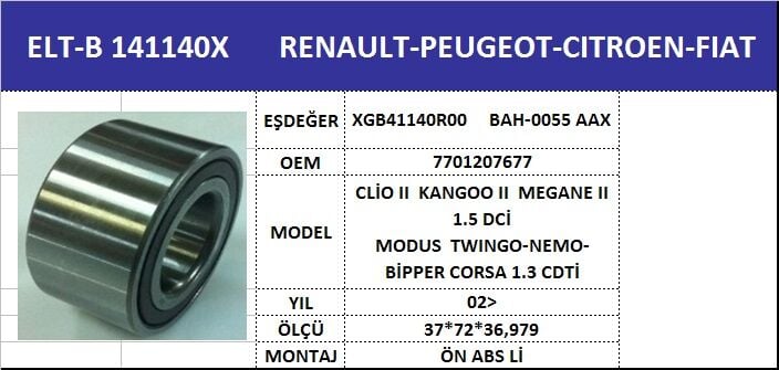AKS BİLYASI ÖN B141140X CLIO-III KANGO-II MEGANE-II MODUS LOGAN 1 SANDERO ABSLİ