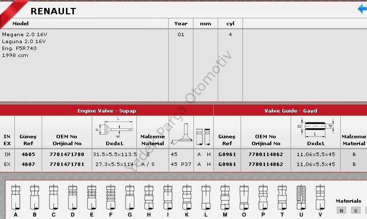 SİBOP TAKIMI 4605 4607 IN 8 EX 8 MEGANE 2.0 16V (F5R)